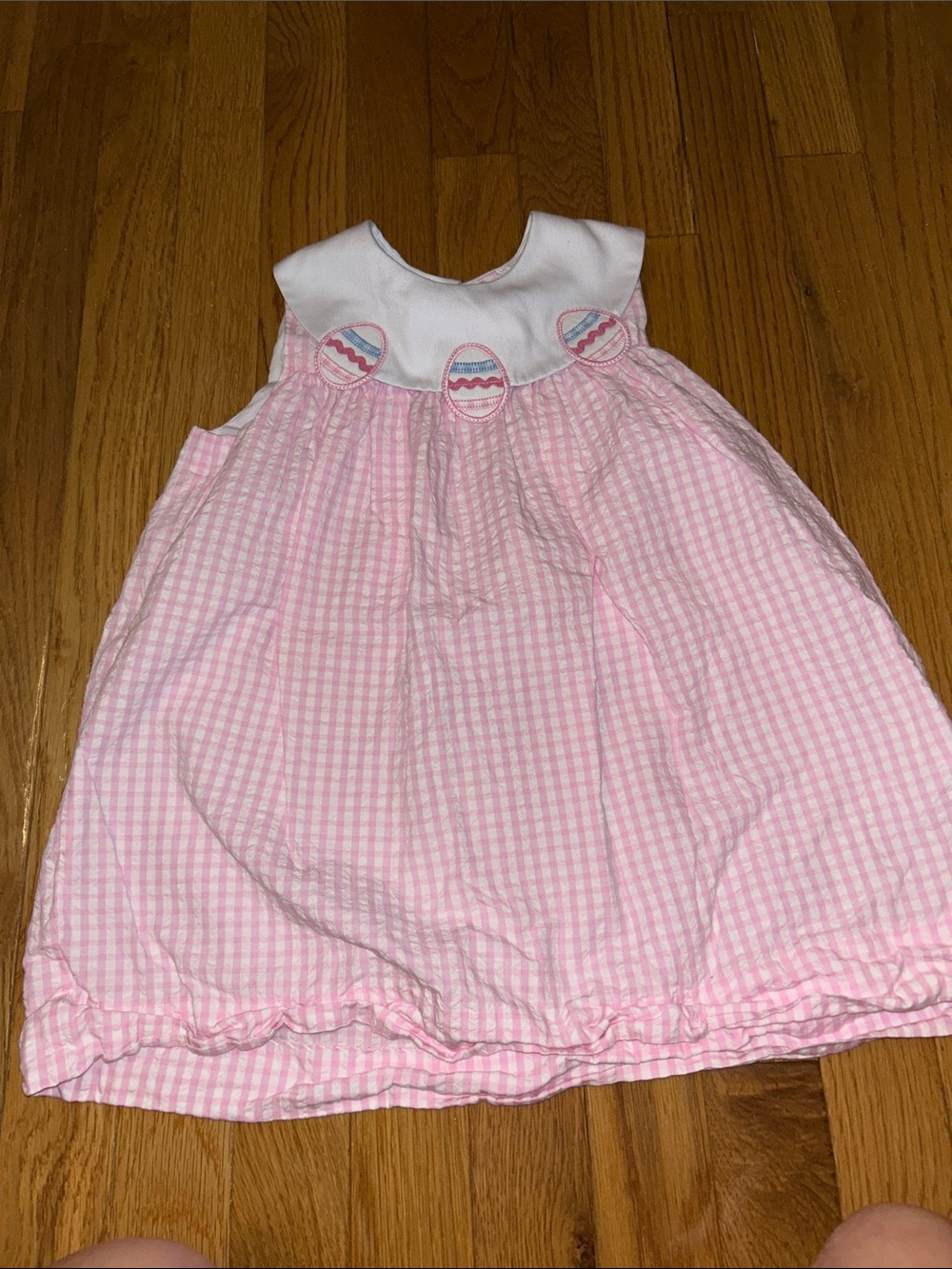 Little English Pink Gingham Sleeveless Easter Dress with Embroidered Eggs